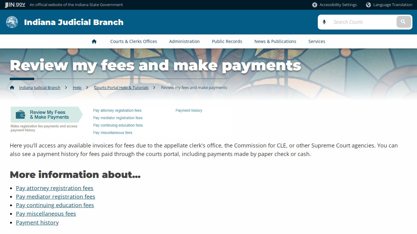 Indiana Judicial Branch: Review my fees and make payments